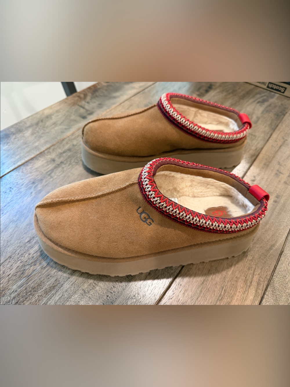 UGG Chestnut Suede Slip-On Platform Slippers with Red Trim